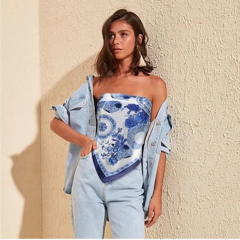 BlueβandΒ whiteβporcelainβprintβSilkyβScarf